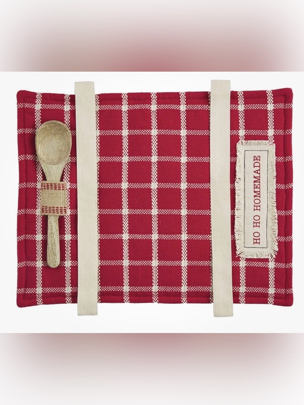 NWT Mud Pie Homemade Red Plaid Casserole Carrier Spoon Set & White Plaid Kitchen